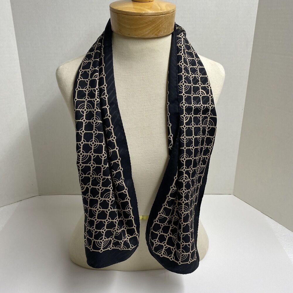 Vintage Sally Gee Scarf Black with Beige Design 100% Polyester made in Japan